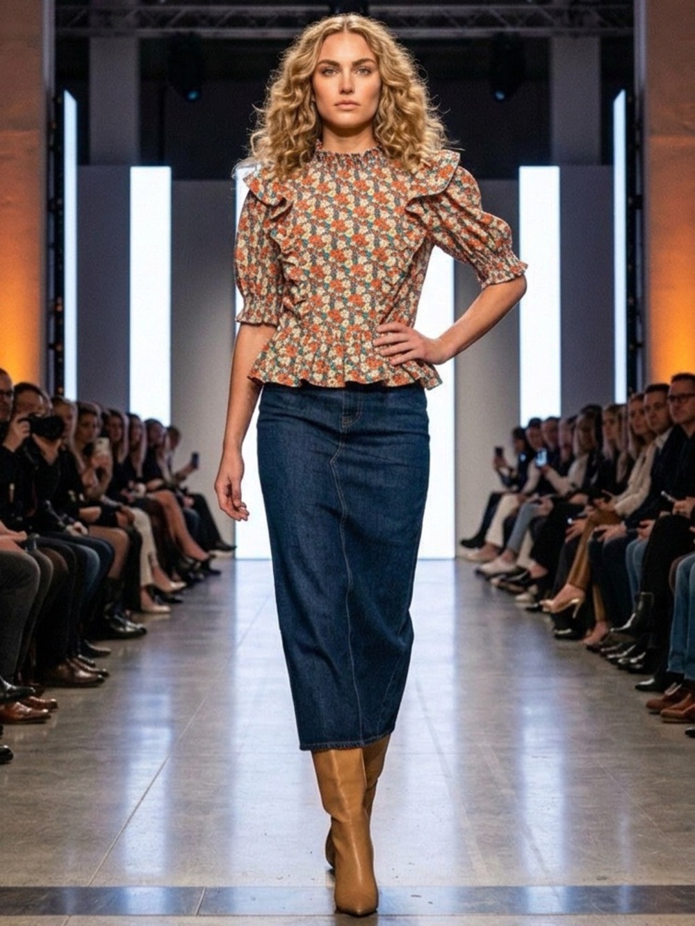 English Factory Floral Ruffle Blouse in Orange, Green, and Blue